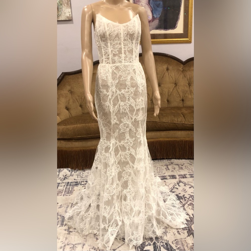 Franchesca Miranda sheer  Ivory Lace Mermaid Wedding strapless dress size XS